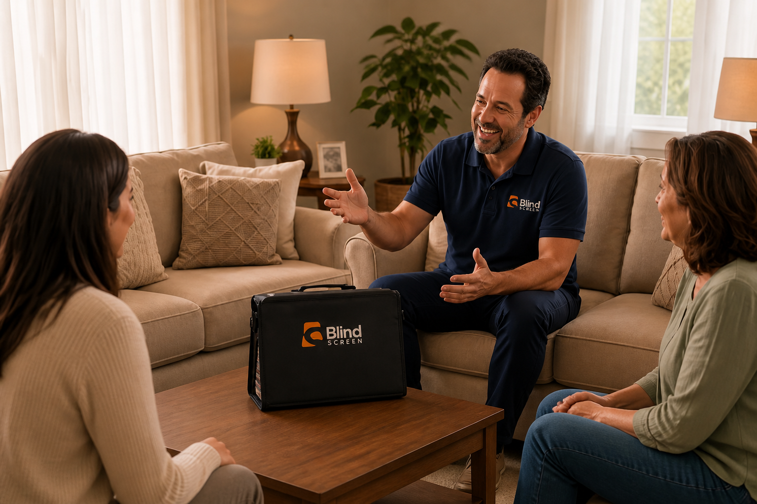 Blind Screen adviser discussing a home visit with customers
